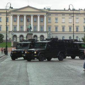 Oslo the day after Anders Behring Breivik attacked. Military vehicles in front of the Royal Castle