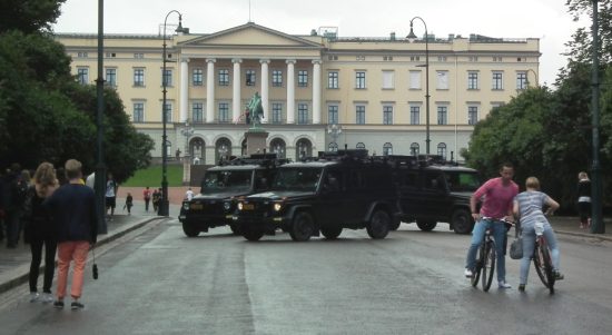 Oslo the day after Anders Behring Breivik attacked. Military vehicles in front of the Royal Castle